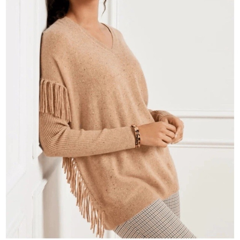 Talbots Pure Cashmere Sweater Women L Tan Fringe V Neck Long Sleeve Boho Western